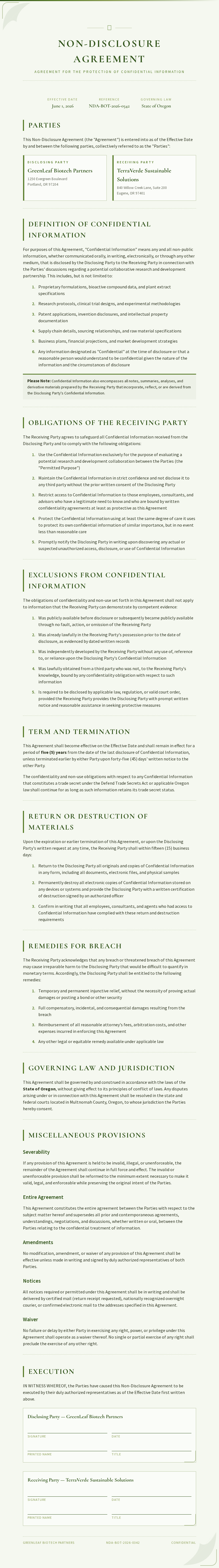 Botanical nature Non Disclosure Agreement